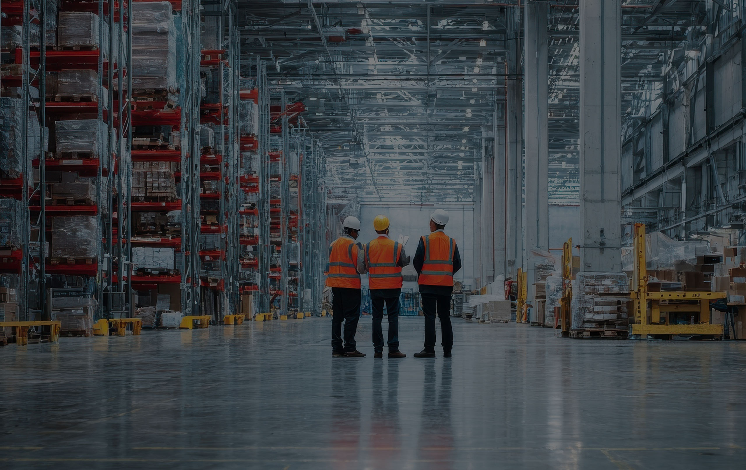 A team of warehouse workers in safety vests engage in a group discussion in a large modern logistics center.