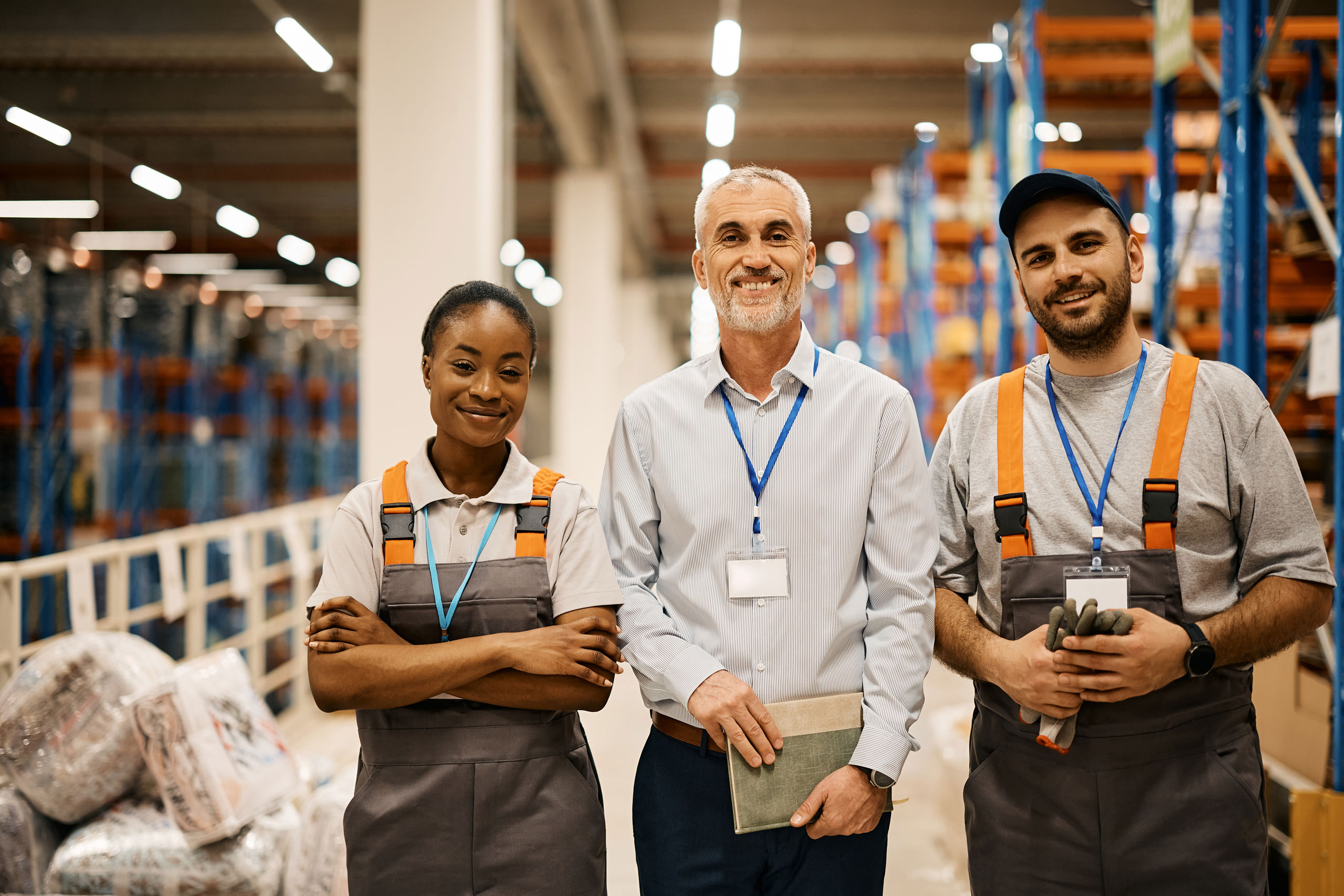 Happy mature warehouse manager and young workers at industrial storage compartment looking at camera.